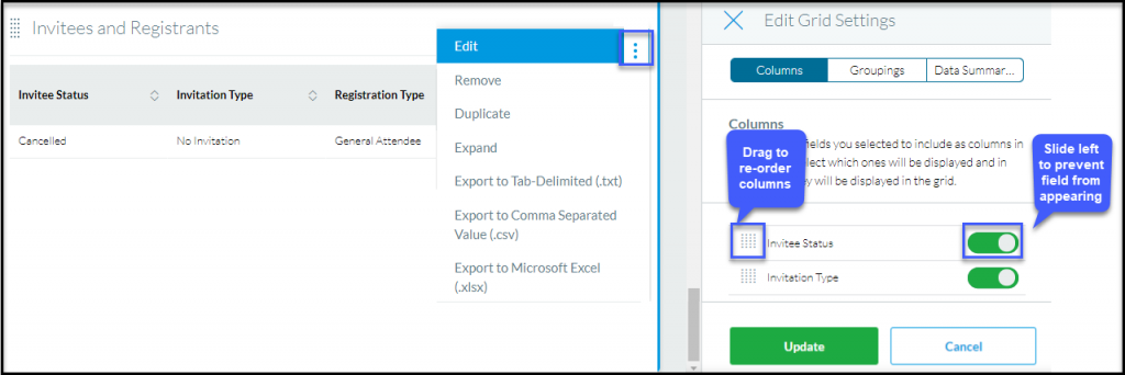 Screenshot of how to re-order columns in Cvent new reporting