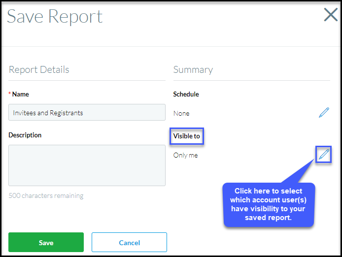 Screenshot of how to change report visibility in Cvent