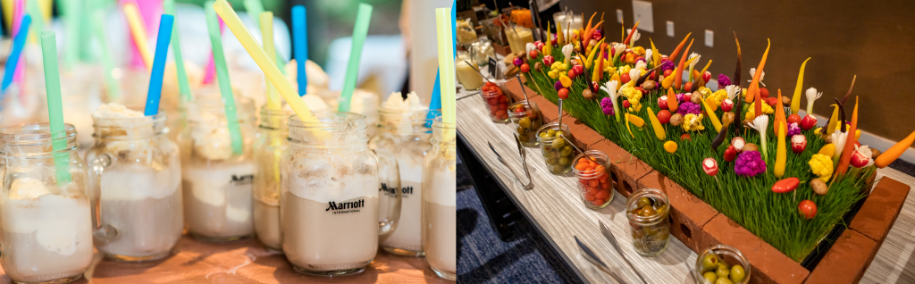 Drinks in reusable glasses, locally-sourced vegetables