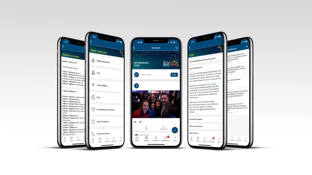 Five Mobile devices showing different pages from the Event Mobile App