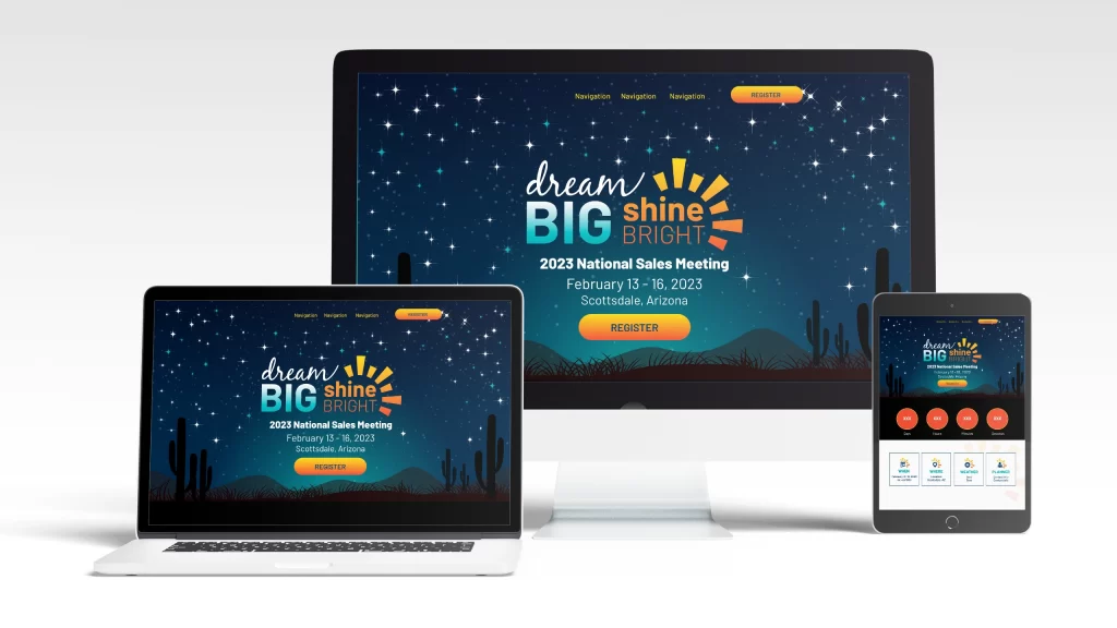 Desktop, laptop and tablet showing the home page of the Dream Big Shine Bright website