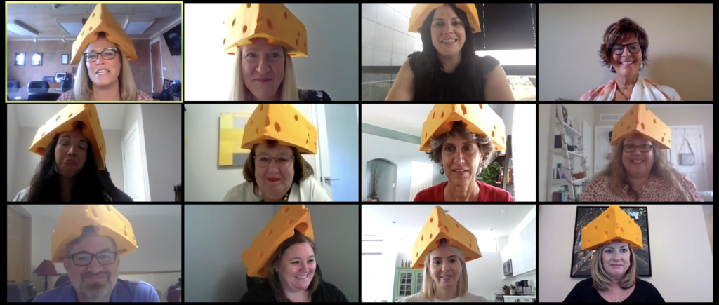 Attendees on a virtual call wearing cheesehead hats