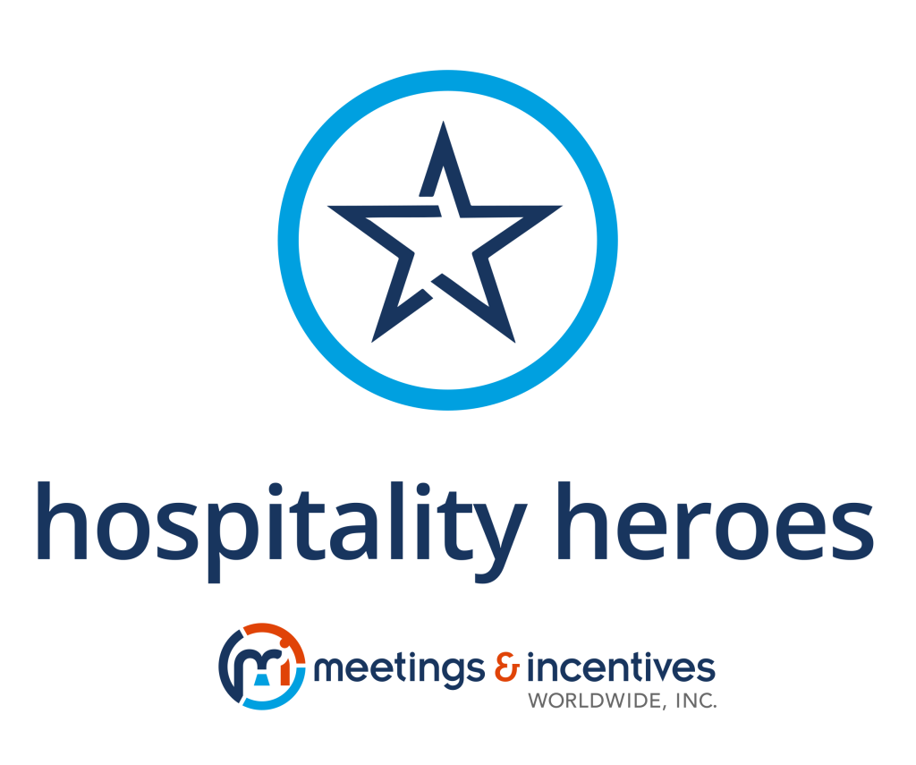 A dark blue star with a light blue circle around it and the words "hospitality heroes" and the M&IW logo below