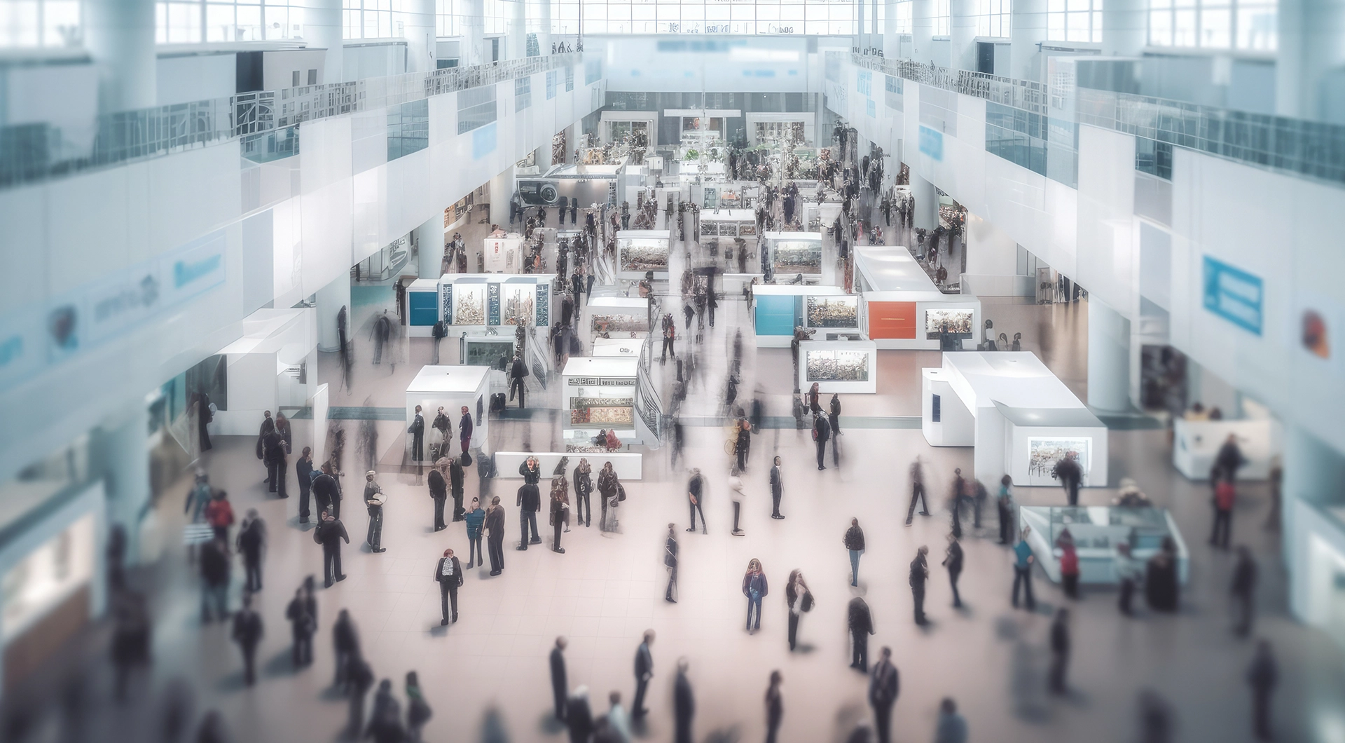 Birds eye view of a tradeshow floor with vendor booths and people networking