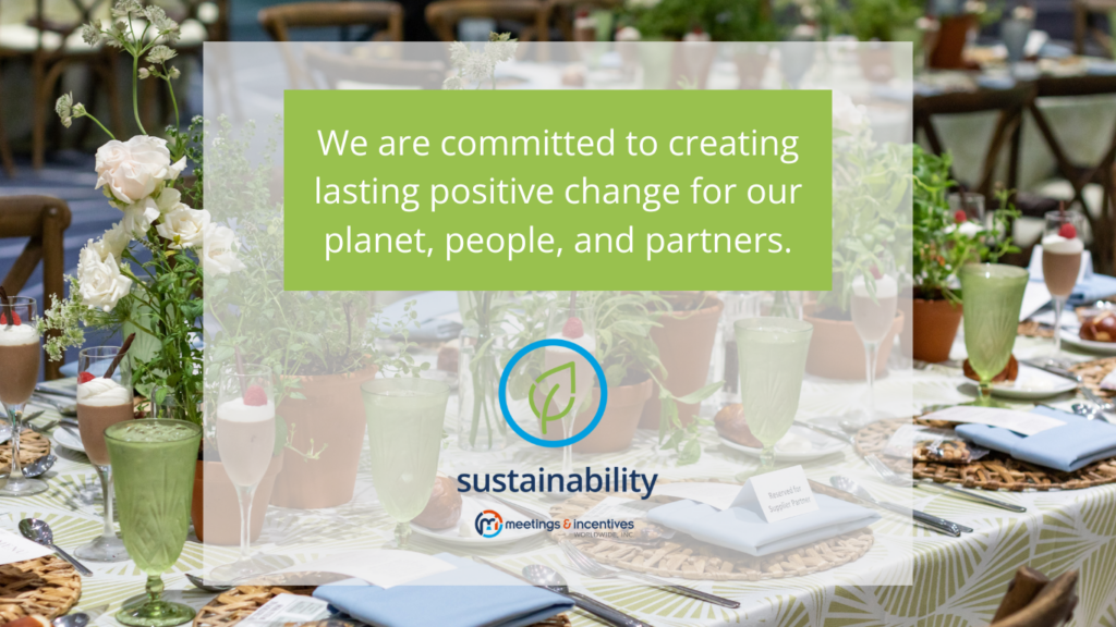 A table setting with potted herbs as centerpieces. In a green box over the image, white text says "We are committed to creating lasting positive change for our planet, people, and partners."