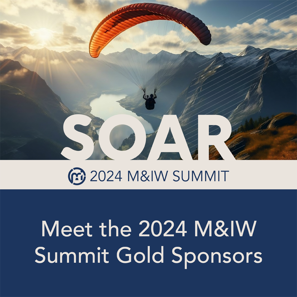 Person parasailing over mountains with a river running through them with the word "SOAR" overlaid over the image. Below that is the text "Meet the 2024 Summit M&IW Gold Sponsors."