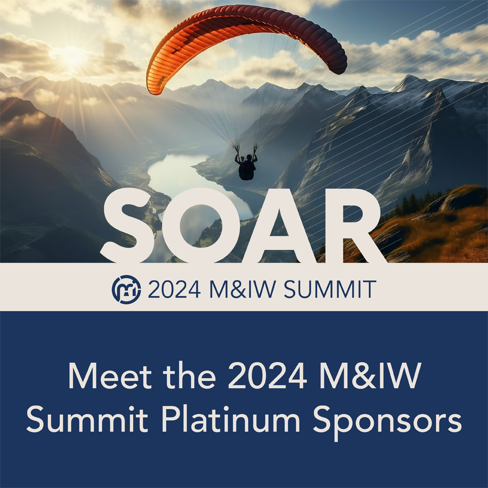 Person parasailing over mountains with a river running through them with the word "SOAR" overlaid over the image. Below that is the text "Meet the 2024 Summit M&IW Platinum Sponsors."