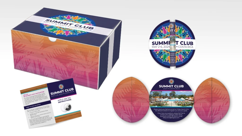 Custom designed box, air tag instruction booklet and a circle shaped mailer.