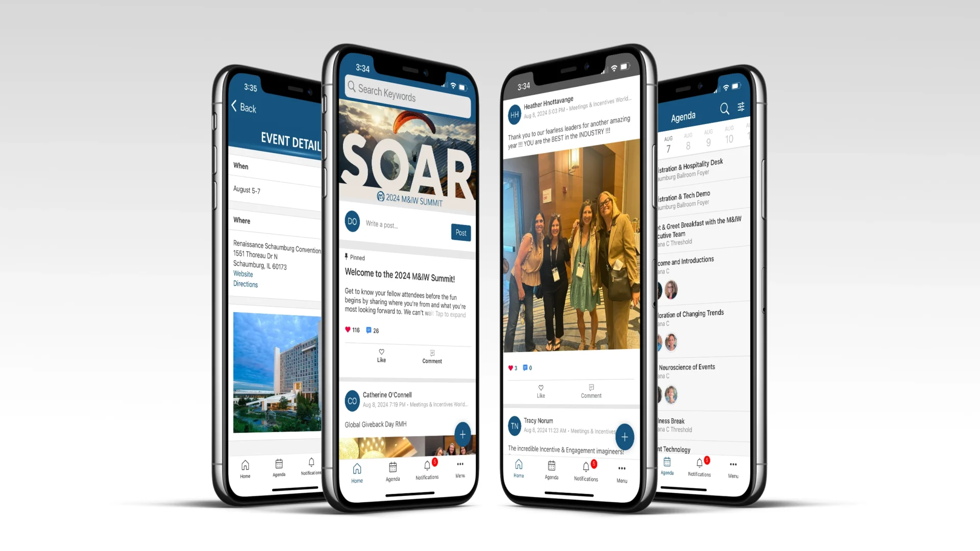 2024 M&IW Summit mobile app showing the home, agenda, notification and posts screens