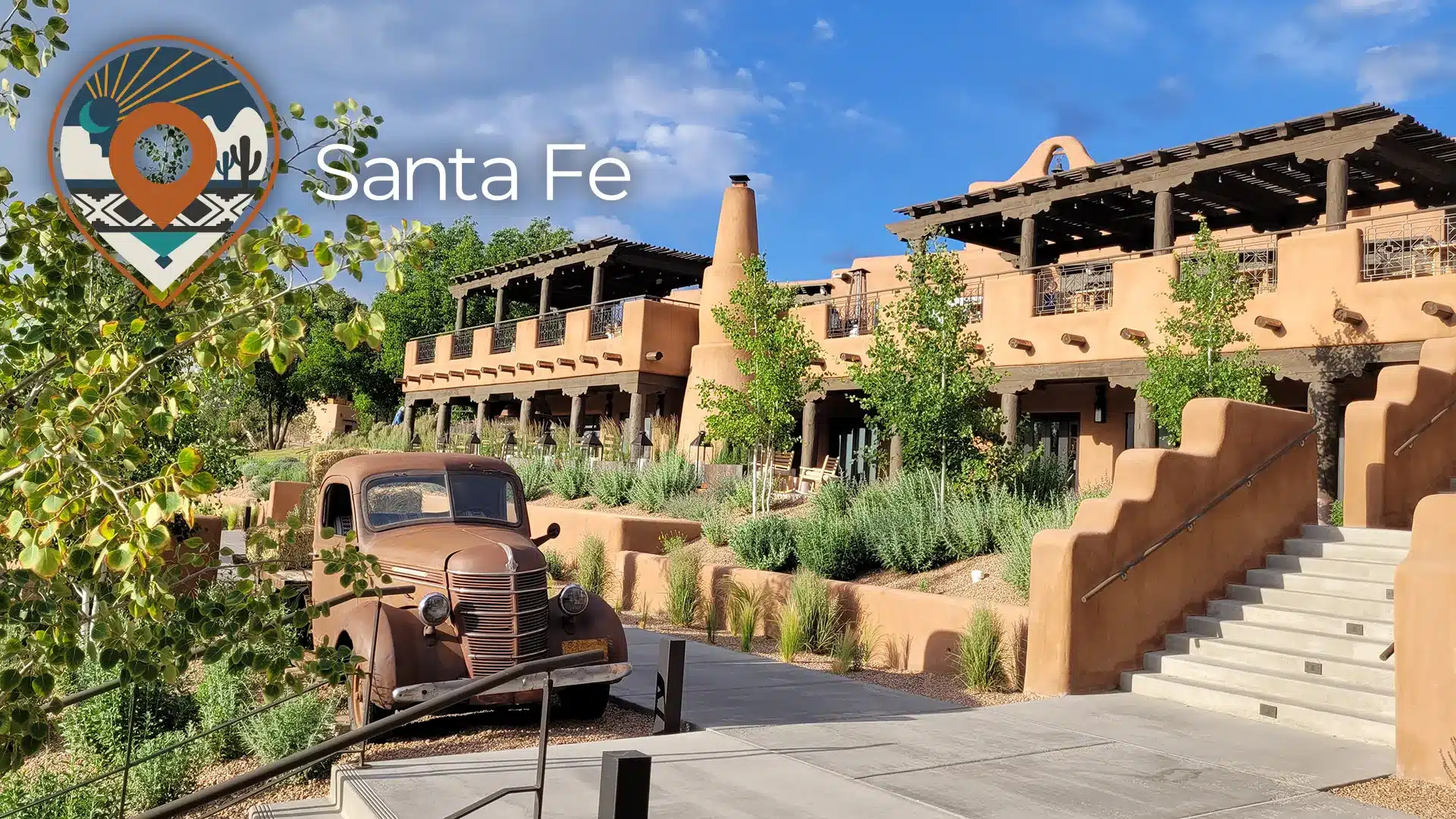 Outdoor view of Bishop's Lodge in Sante Fe, New Mexico with the Elite Experience Logo overlaying.