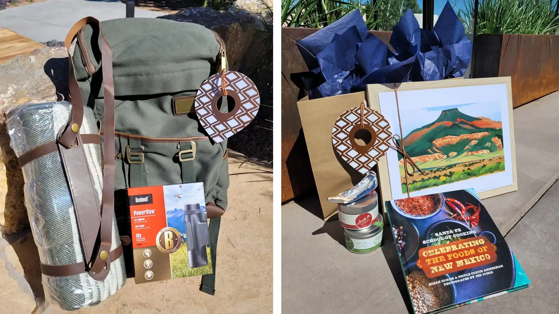 Backpack, blanket and binocular gift set on the left and painting, spices and Sante fe cookbook gift set on the right.