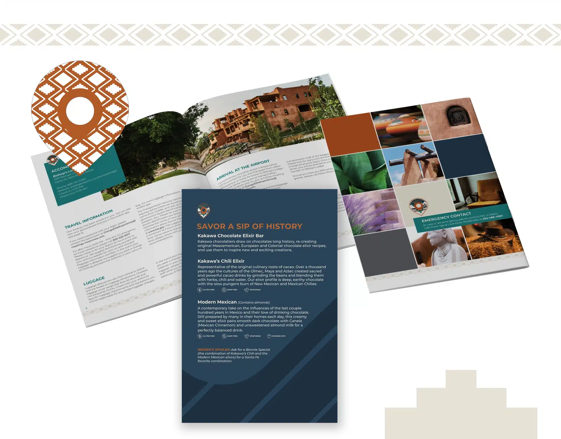 Branded brochure showing the inside pages and back cover along with custom pin drop amenity card