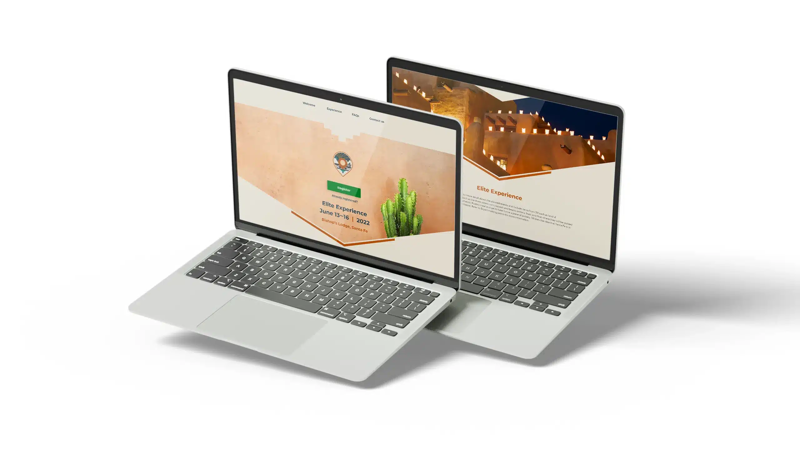 Two laptops at an angle showing the design of the home page of the Elite Experience website