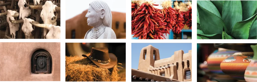 Various photos showing skulls, cowboy hats, chilis, cactus, adobe building and pottery which is the Sante Fe vibe.