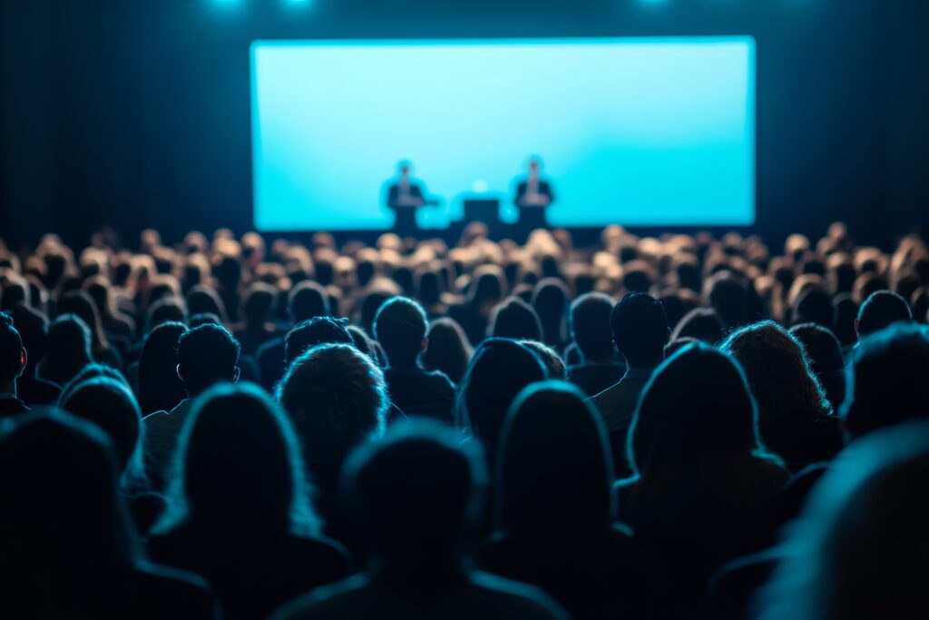 The view from the back of the audience looking toward the stage during of a large corporate event