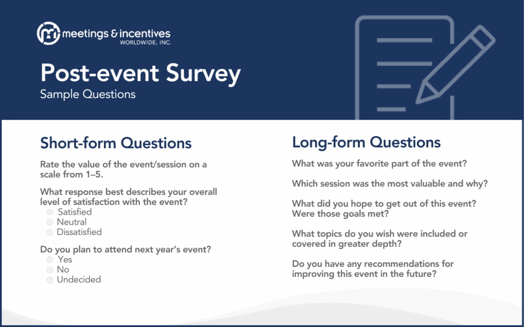 M&IW Infographic: Post-event Survey Sample Questions Sample short-form question: Rate the value of the event/session on a scale from 1-5. Sample long-form question: Which session was most valuable and why?