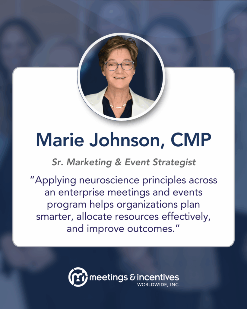 Pull quote: "Applying neuroscience principles across an enterprise meetings and events program helps organizations plan smarter, allocate resources effectively, and improve outcomes." –Marie Johnson, CMP, Sr. Marketing & Event Strategist, M&IW